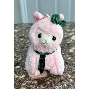 Amuse Alpacasso Small Pink Alpaca Plush Toy With Plaid Green Bow and Tie
